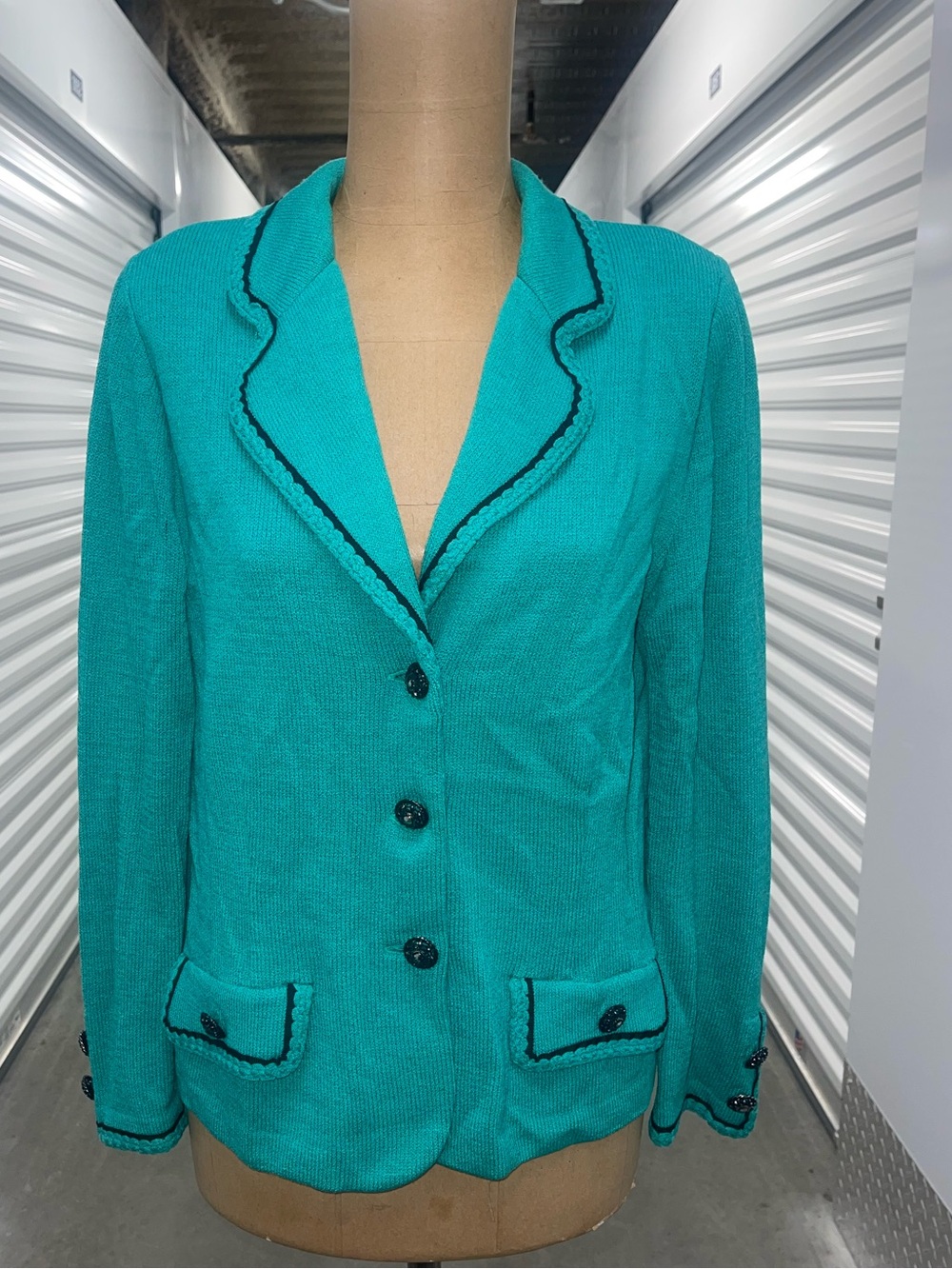 St John collection knit turquoise -green black blazer size 10